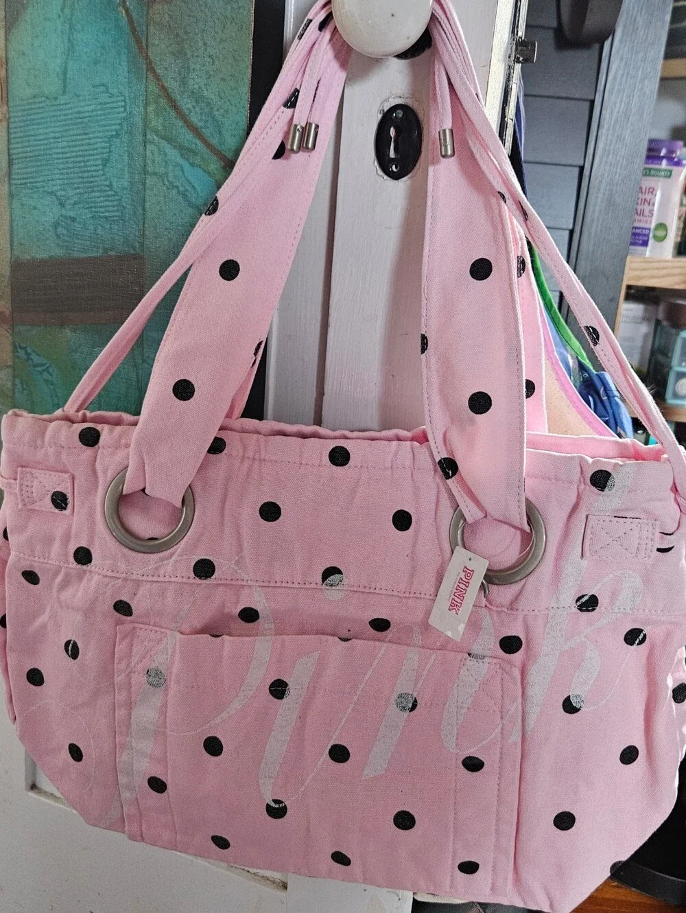 PINK Victoria's Secret Canvas Flat Bottom Tote Bag In Pink Dot NEW MSRP $69.95